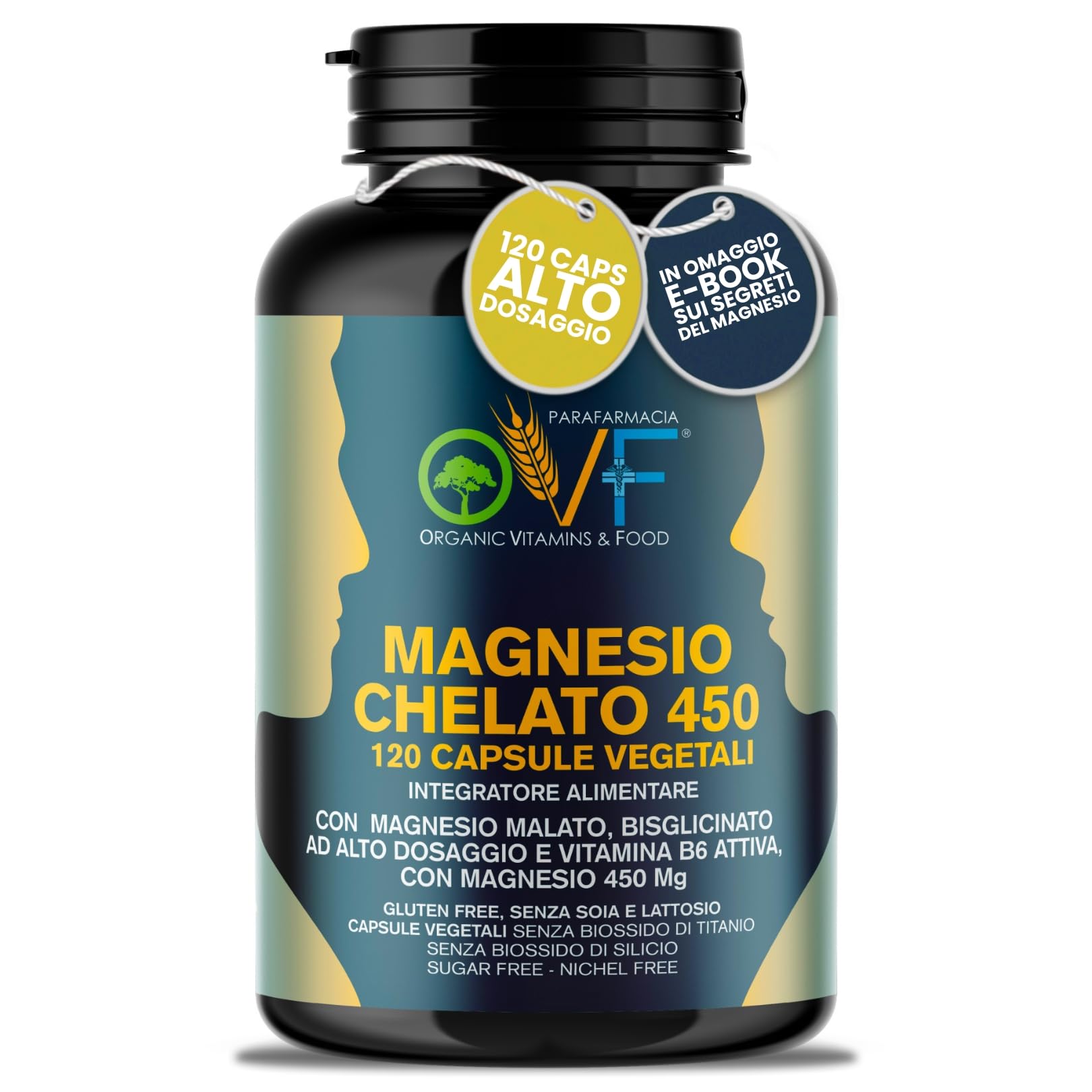 OVF Magnesio bisglicinato 450mg | Magnesio Malato + Vitamina B6 | Ideale contro Stanchezza, Stress, Insonnia | 120 Capsule Vegetali | Magnesio Completo Made in Italy